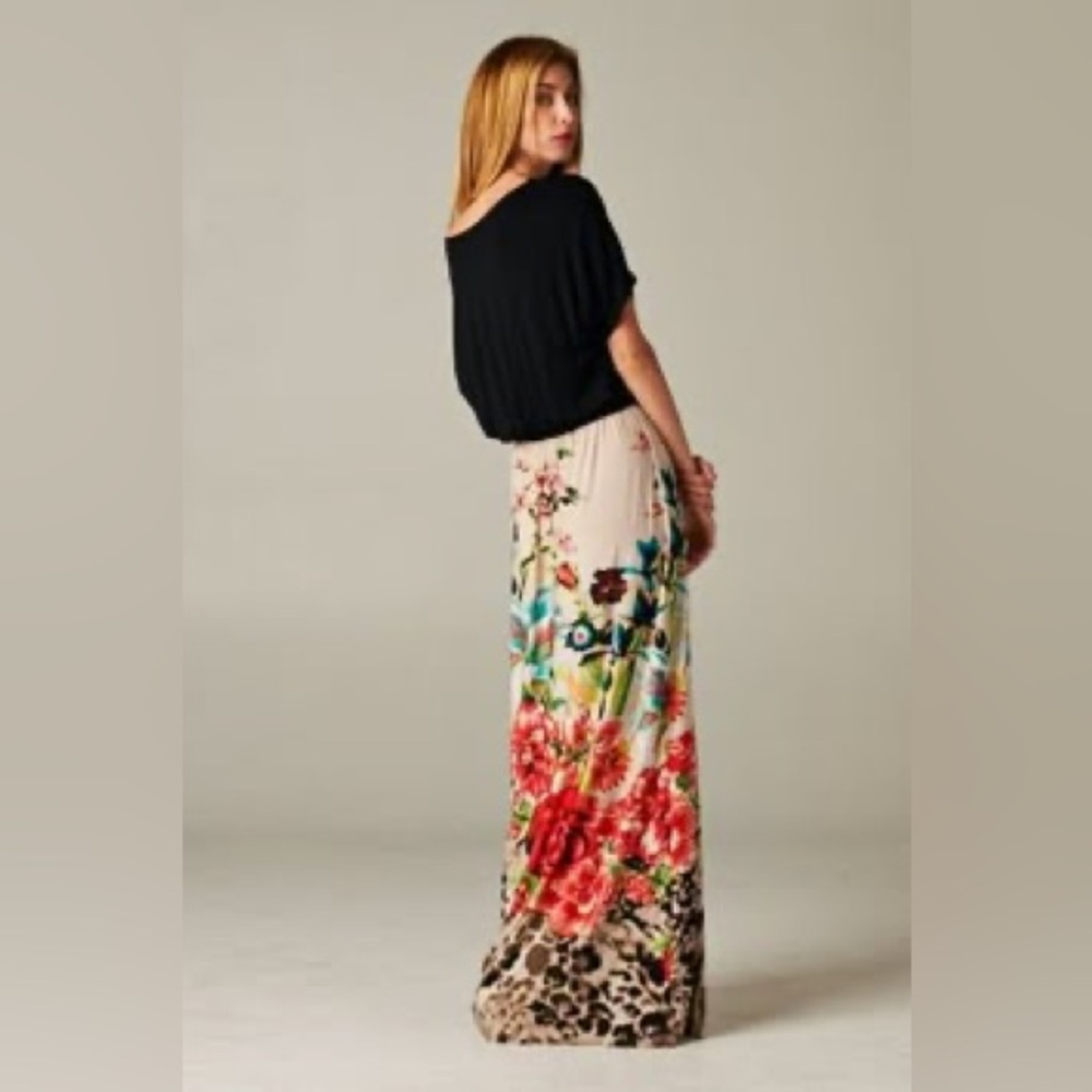 Tua Maxi Dress S Black Top Elastic Tie Waist Leopard Print Tropical Floral